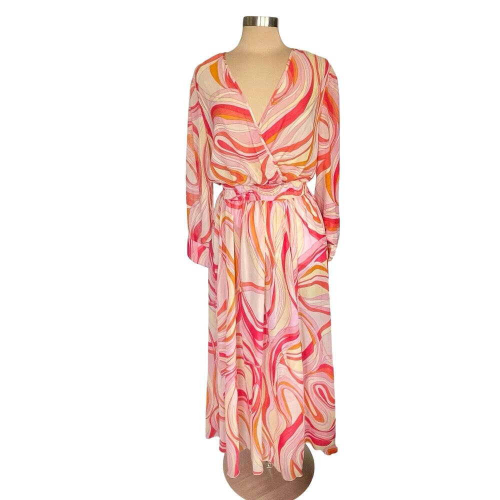Kate and Lily Sheer Maxi Dress Pink Orange Retro Abstract Print Sz 14 Boho Chic